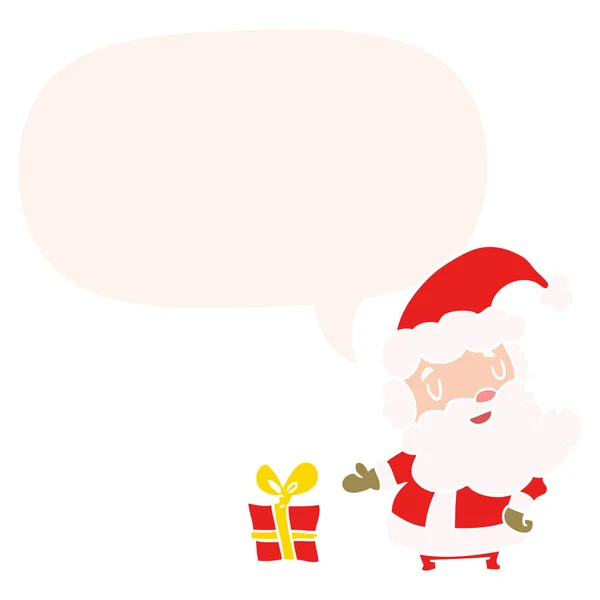 Cartoon santa claus and present and speech bubble in retro style — Stock Vector