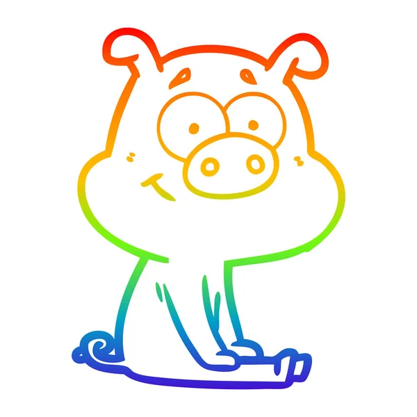 Rainbow gradient ligne dessin heureux dessin animé porc assis — Image vectorielle