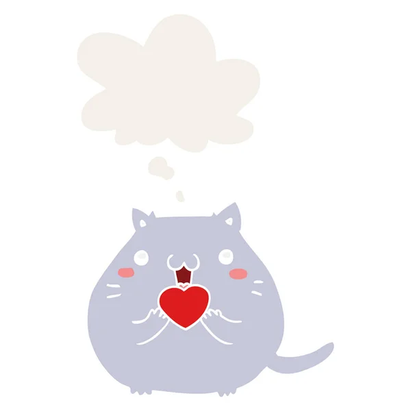 Chat dessin animé mignon dans l'amour et la bulle de pensée dans le style rétro — Image vectorielle