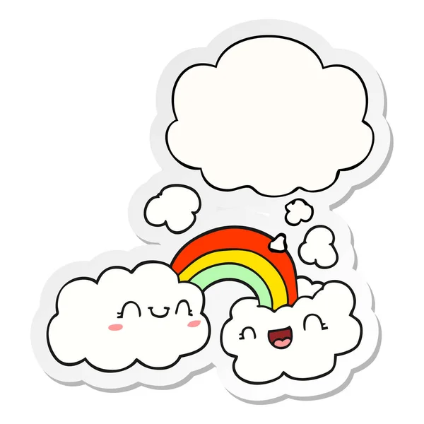 幸せな漫画の雲と虹と印刷されたバブルを考えた — ストックベクタ