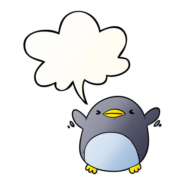 Bonito desenho animado pinguim batendo asas e fala bolha em liso — Vetor de Stock
