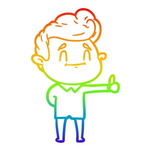 Rainbow gradient line drawing happy cartoon man giving thumbs up — Stock Vector