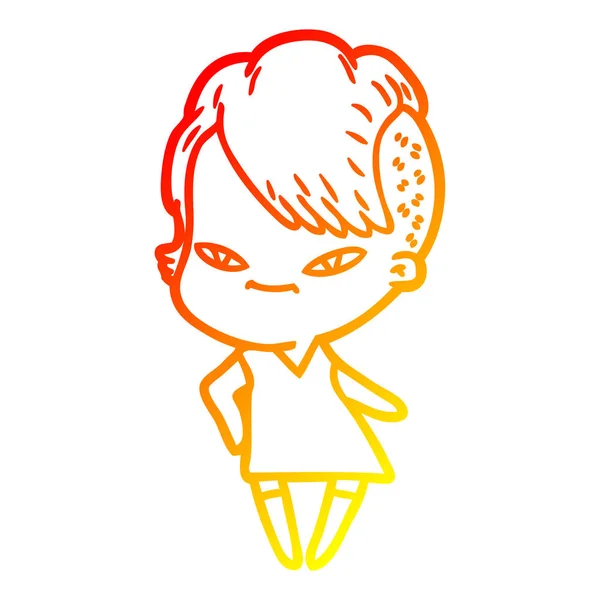 Warme kleurovergang lijntekening schattig cartoon meisje met hipster haircu — Stockvector