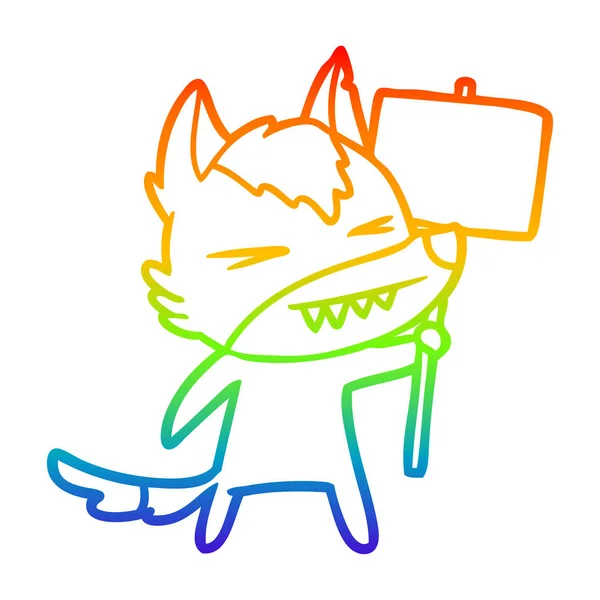 Linea gradiente arcobaleno disegno arrabbiato cartone animato lupo con cartello — Vettoriale Stock