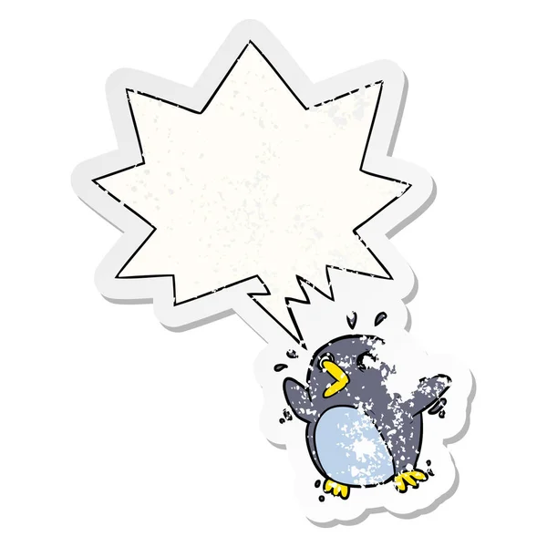 Cartoni animati pinguino spaventato e adesivi bolla vocale angosciato — Vettoriale Stock