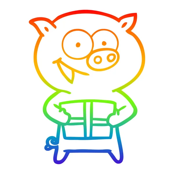 Rainbow gradient line drawing cheerful pig with christmas gift — Stock Vector