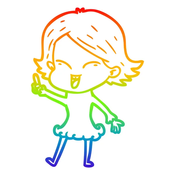 Rainbow gradient line drawing happy cartoon girl — Stock Vector