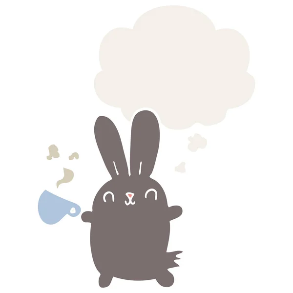 Leuke cartoon konijn met koffie kopje en dacht bubble in retro — Stockvector
