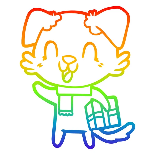 Rainbow gradient ligne dessin rire chien dessin animé avec christma — Image vectorielle