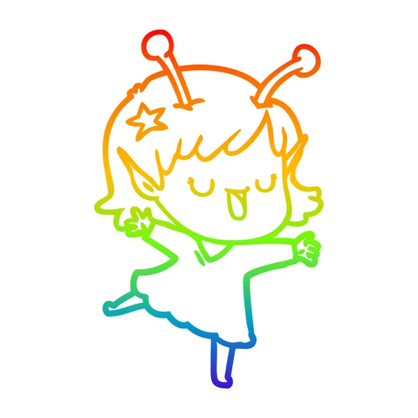Linea gradiente arcobaleno disegno felice ragazza aliena cartone animato — Vettoriale Stock