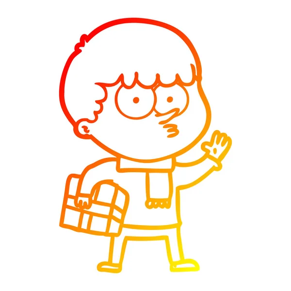 Linea gradiente caldo disegno cartone animato ragazzo curioso portando un regalo — Vettoriale Stock