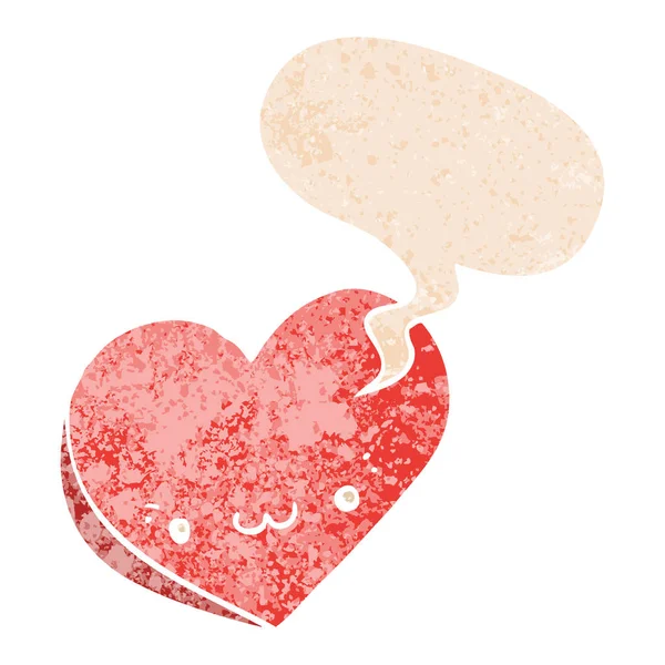 Desenho animado amor coração com rosto e fala bolha em retro texturizado —  Vetores de Stock
