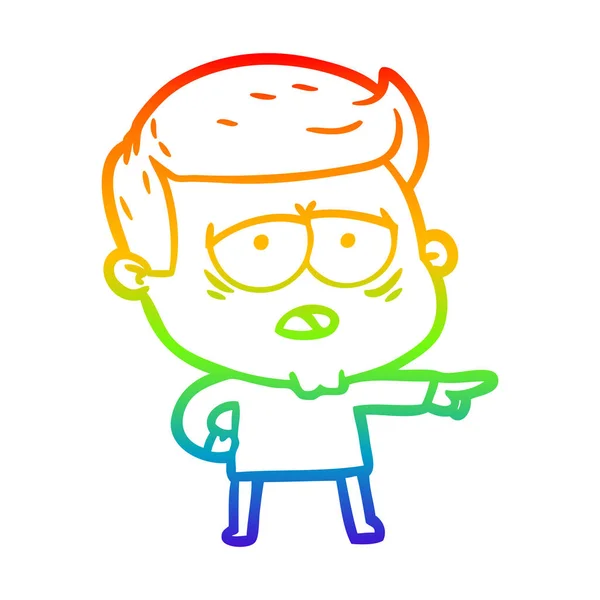 Regenboog gradiënt lijntekening cartoon vermoeide man — Stockvector