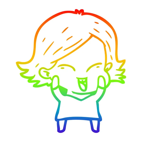 Rainbow gradient line drawing happy cartoon girl — Stock Vector