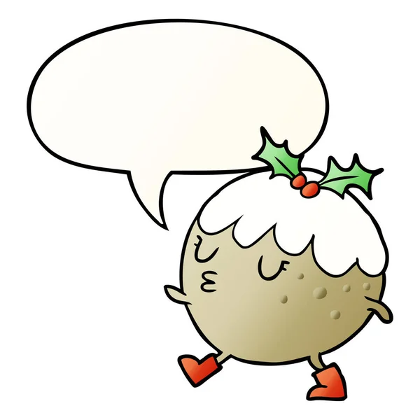 Cartoon Christmas Pudding Walking und Sprechblase in glatten gr — Stockvektor