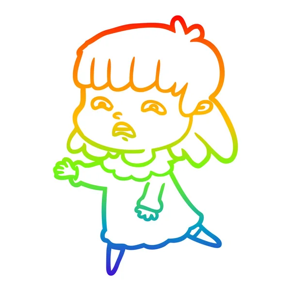 Regenboog gradiënt lijntekening cartoon bezorgde vrouw — Stockvector