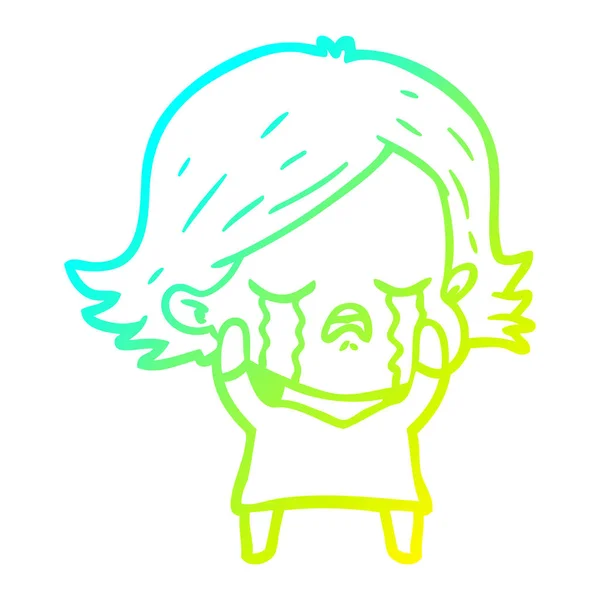 Cold gradient line drawing cartoon girl crying — стоковый вектор