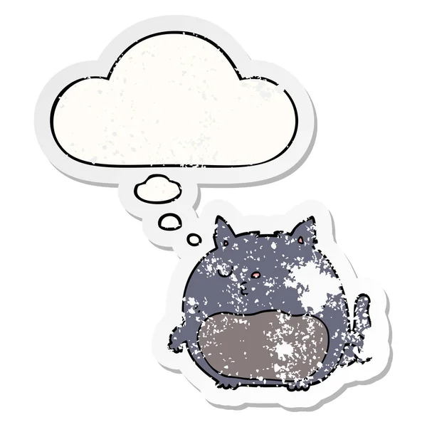 Kreslená kočka a myšlenková bublina jako otřesený obnošený štítek — Stockový vektor