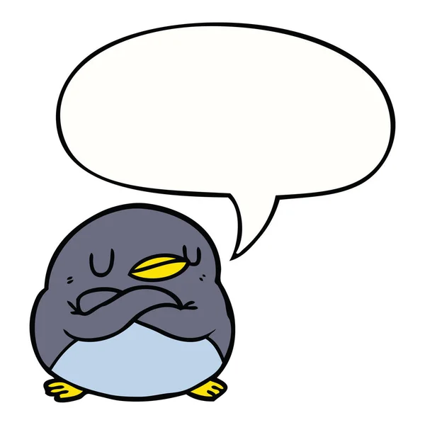 Cartoon pinguïn en gekruiste armen en toespraak bubble — Stockvector