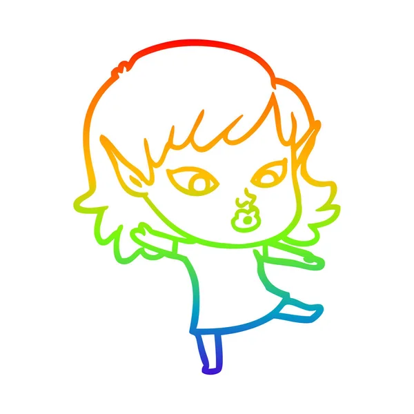 Arco iris gradiente línea dibujo bonito dibujos animados elfo chica — Vector de stock