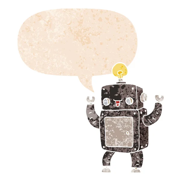 Dibujos animados robot feliz y burbuja de habla en estilo retro texturizado — Vector de stock