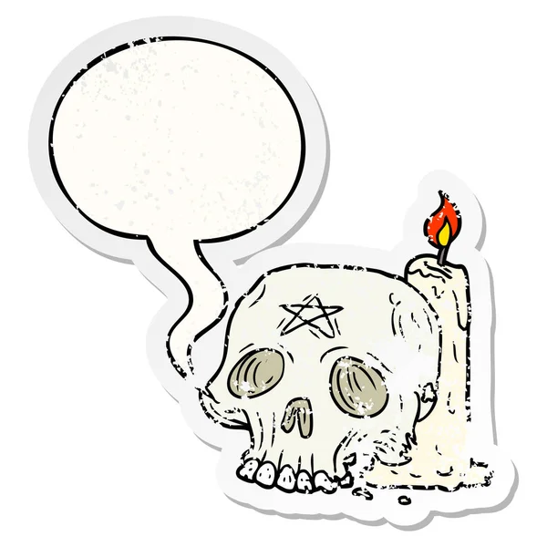 Cartoon spooky skull and candle and speech bubble distressed sti — Stock Vector