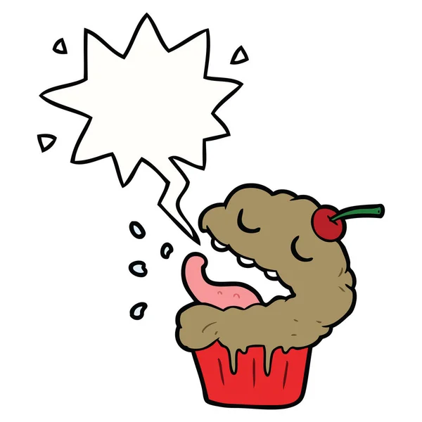 Divertido cupcake de dibujos animados y burbuja de habla — Vector de stock