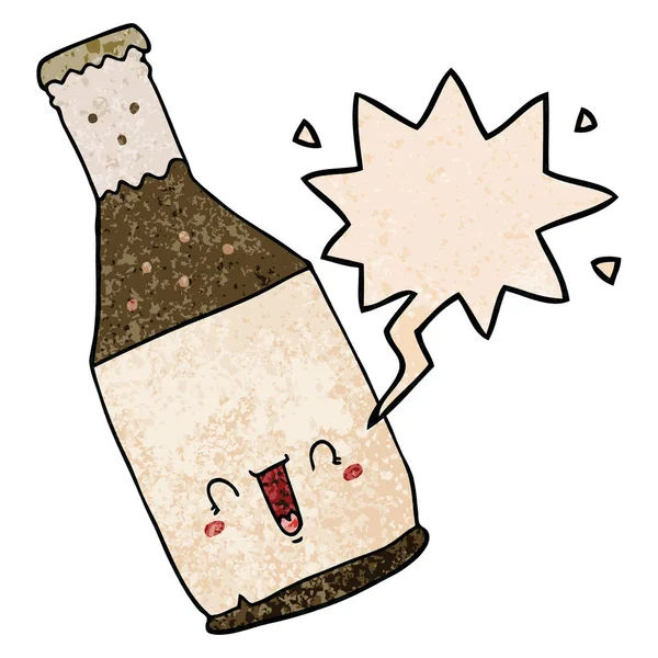 Cartoon bier fles en toespraak bubble in retro textuur stijl — Stockvector