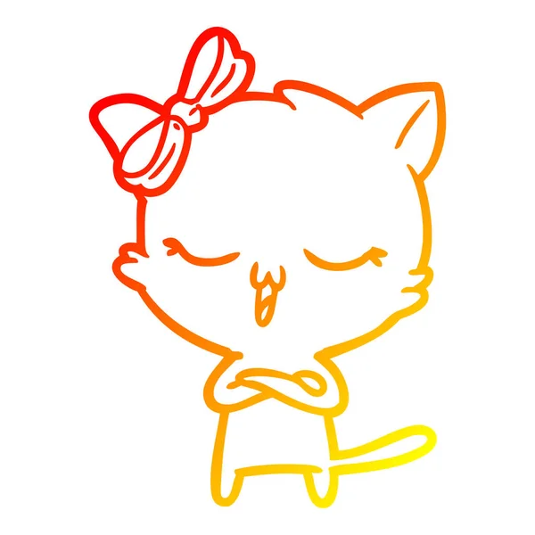 Línea de gradiente caliente dibujo gato de dibujos animados con arco en la cabeza — Vector de stock
