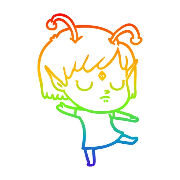 Rainbow gradient linje ritning tecknad Alien Girl — Stock vektor