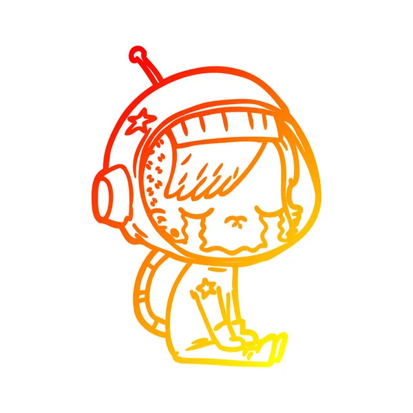 Warm gradient line drawing cartoon crying astronaut girl sitting — Stock Vector