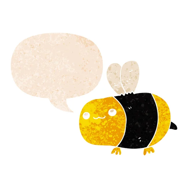 Cartoon bee and speech bubble in retro textured style — Stock Vector