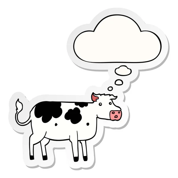 Vaca de dibujos animados y burbuja de pensamiento como una pegatina impresa — Vector de stock