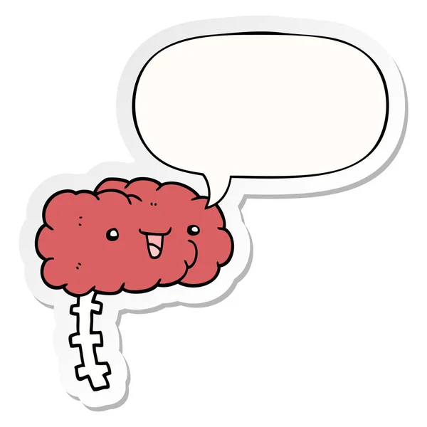 Happy cartoon brain and speech bubble sticker — Stock Vector