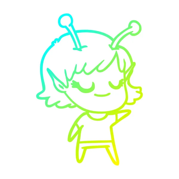 Cold gradient line drawing smiling alien girl cartoon — стоковый вектор