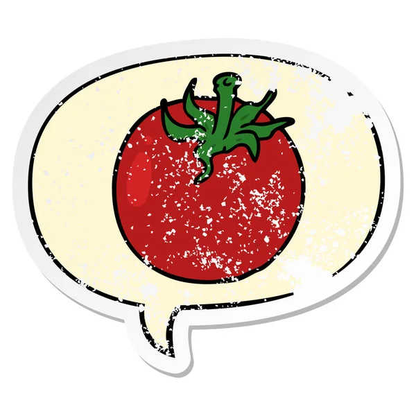 Dibujos animados tomate fresco y el habla burbuja angustiado pegatina — Vector de stock