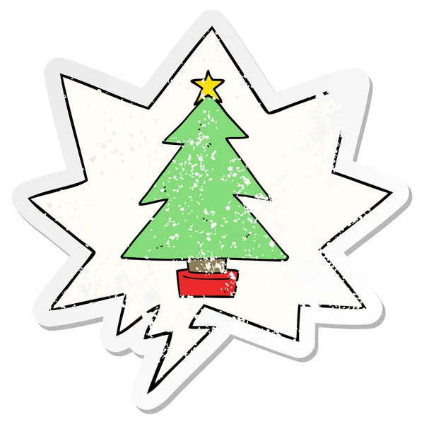 Adesivo cartoni animati albero di Natale e bolla vocale angosciato — Vettoriale Stock