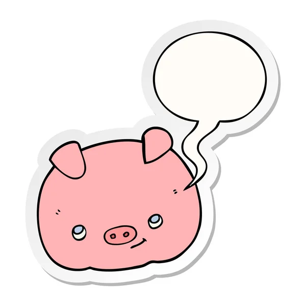 Dessin animé cochon heureux et bulle de la parole autocollant — Image vectorielle