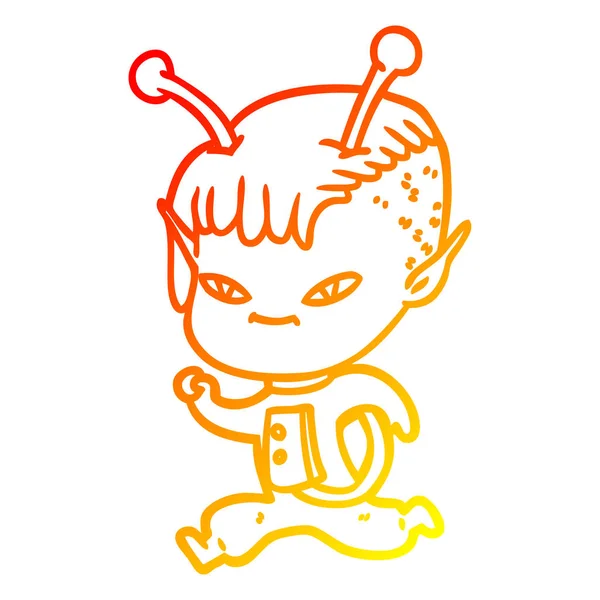 Chaud dégradé ligne dessin mignon dessin animé alien fille — Image vectorielle