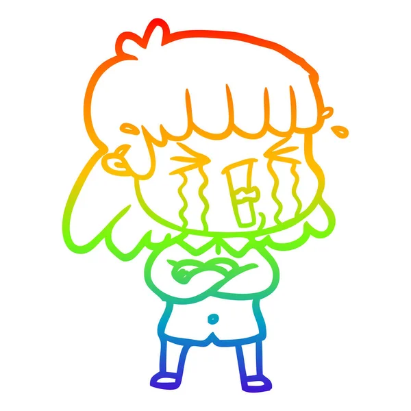 Regenboog gradiënt lijntekening cartoon vrouw in tranen — Stockvector