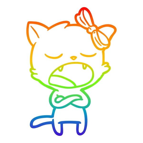 Rainbow gradient line drawing annoyed cartoon cat — Stock Vector