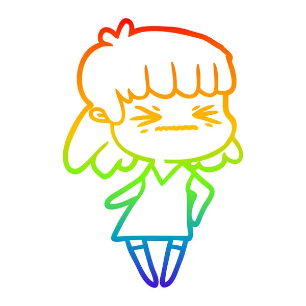 Arco iris gradiente línea dibujo dibujos animados enojado chica — Vector de stock