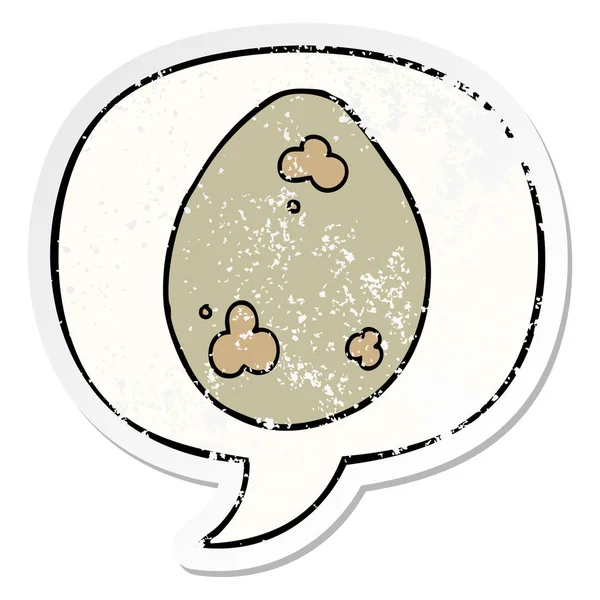Adesivo uovo cartone animato e bolla vocale angosciato — Vettoriale Stock