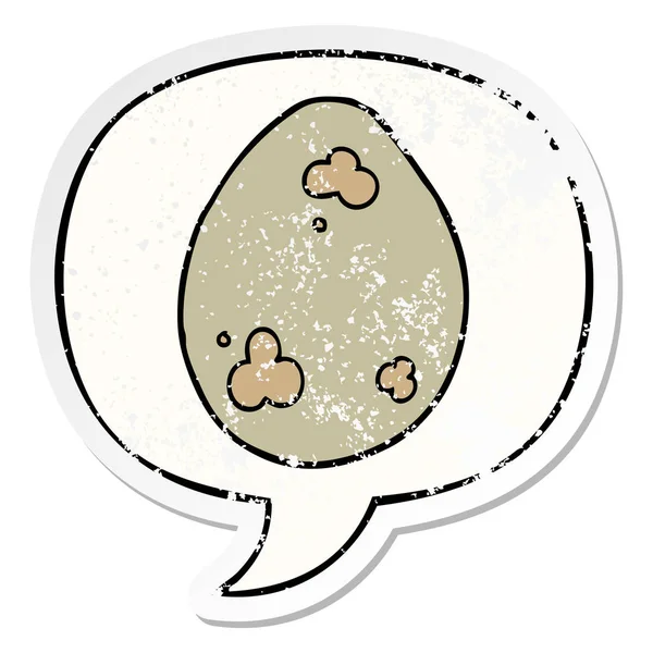 Cartoon ei en toespraak bubble noodlijdende sticker — Stockvector