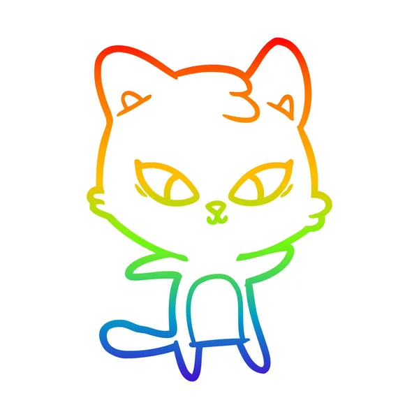 Rainbow gradient line drawing cute cartoon cat — Stock Vector