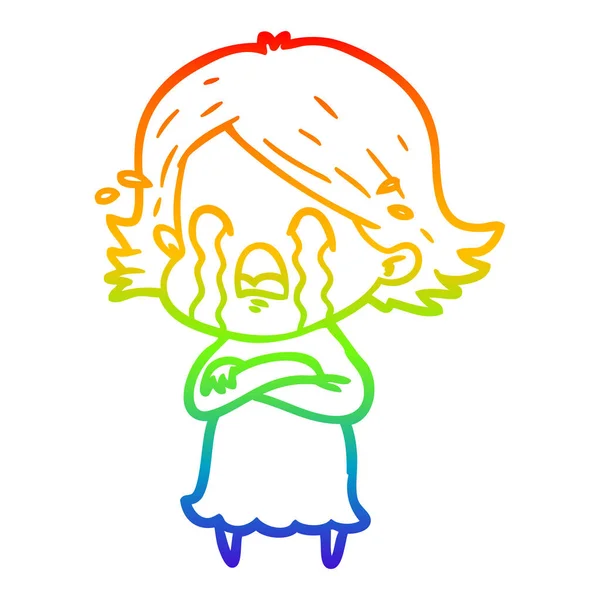 Rainbow gradient ligne dessin dessin femme dessin animé pleurer — Image vectorielle