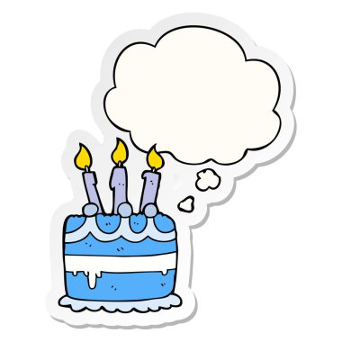 karikatür doğum günü pastası ve baskılı bir etiket olarak kabarcık düşünce
