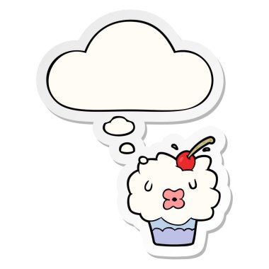 karikatür cupcake ve baskılı bir etiket olarak kabarcık düşünce