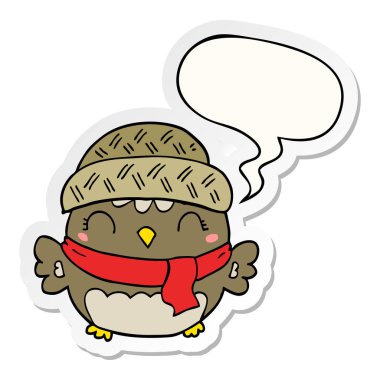 şapka ve konuşma kabarcık etiket sevimli karikatür baykuş