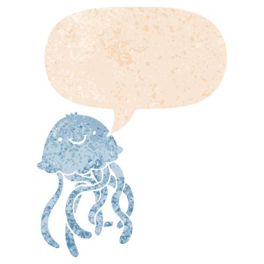 retro dokulu stil karikatür mutlu denizanası ve konuşma balonu